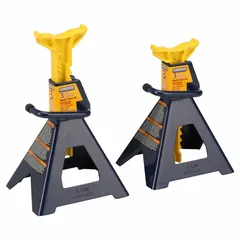 3-ton capacity ratchet-handle jack stand with a square steel base and rectangular saddle. Maximum extended height of 19 inches. Sold as a pair. Suitable for supporting vehicles during light-duty maintenance and repair tasks.