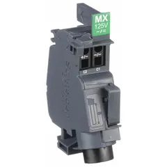 This shunt trip accessory is designed for use with PowerPact B and Compact NSXm circuit breakers. It operates at 110/130V AC and enables remote tripping of the circuit breaker for emergency shutdown or disconnection in electrical distribution systems.