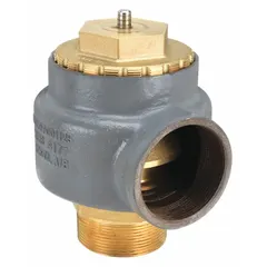 This ASME Section IV steam pressure relief valve features a 3 in MNPT x 3 in FNPT connection and a cast iron body. It has a maximum operating pressure of 29 psi. Used on low-pressure steam boilers and heating systems to automatically relieve excess pressure, protecting equipment from overpressure conditions.