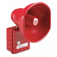 This 15-watt tone alarm speaker operates on 24V DC and is rated for indoor and outdoor use. The red housing houses a speaker that produces tone sound for signaling applications in industrial environments such as manufacturing plants, warehouses, and commercial facilities.