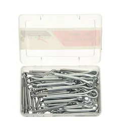 This cotter pin assortment contains 100 pieces across 14 bridge sizes in inch dimensions. Pins are made from 1008 steel with a zinc-plated finish. Used for securing mechanical assemblies in applications such as machinery, conveyors, and agricultural equipment.