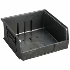 Electrostatic discharge conductive plastic bin for storing and organizing electronic components and sensitive devices in ESD-controlled environments. Black, with integrated label holder. Measures 11 x 10-7/8 x 5 inches. Contains 0% recycled content.