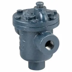 Cast-iron inverted-bucket steam trap for horizontal in-line installation. Removes condensate from steam lines in heating and process systems. FNPT 1/2 in connections, maximum capacity 700 lb/hr, maximum pressure 80 psi, maximum temperature 450°F. Strainer not included.