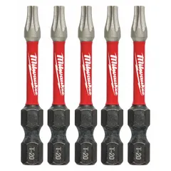 This MILWAUKEE impact Torx bit features a T20 size with a Torx head and hex shank, made from alloy steel. It is designed for standard impact driving applications, such as driving Torx fasteners in construction and assembly tasks.