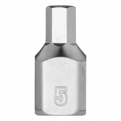 This hex bit socket features a 5 mm hex tip and a fixed insert design. With a 1/4 in drive size and 51/64 in overall length, it is suited for driving hex-head fasteners in assembly, maintenance, and repair tasks.