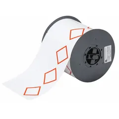 Red GHS/CLP 3B diamond precut label roll with no legend, measuring 4 1/8 in x 6 3/32 in with a 4 9/64 in dimension. Made of vinyl with acrylic adhesive. Compatible with i5300 printer series. Used for chemical hazard identification on drums, containers, and storage areas requiring GHS/CLP pictograms.