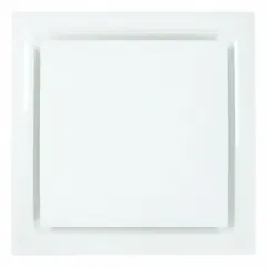 Square cone diffuser for ceiling mounting, distributing conditioned air from HVAC ducts. Lay-in design fits standard ceiling grids. White plastic construction with insulation to reduce condensation and noise. Non-adjustable blades. Duct connection: 10 in.