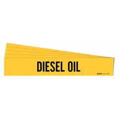 Yellow adhesive pipe marker with black 'Diesel Oil' legend, designed for pipes with outer diameter from 2-1/2 to 7-7/8 inches. Pack of 5 markers without directional arrows, used for identifying diesel oil lines in industrial piping systems.