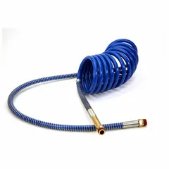 Blue coiled air brake assembly for service applications. Outer diameter 1/2 in, length 15 ft. Used in air brake systems on heavy-duty trucks and trailers to supply air pressure.