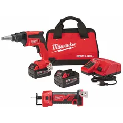 This combination kit includes an 18V cordless cut-out tool and screw gun, both powered by the included battery. The cut-out tool is used for making precise openings in drywall, while the screw gun is designed for high-speed fastening. Suitable for drywall installation and finishing tasks.