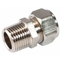 Brass compression fitting adapter with male NPT threads for connecting 5/8 in OD tubing to 1/2 in pipe in compressed air systems. Used in pneumatic networks for secure tube-to-pipe transitions.