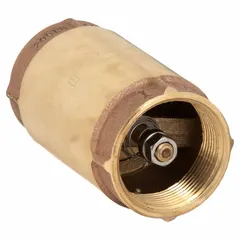 Inline poppet check valve with lead-free brass body and NPT female threads on both ends. Designed for backflow prevention in piping systems handling water, air, or light chemicals. Suitable for new installations or retrofits in industrial fluid networks.