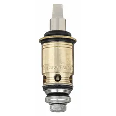 This brass compression cartridge is designed for use with hot and cold water in compression-type faucets. It has a 1-inch overall length and is intended to replace worn internal components in compatible fixtures. Suitable for commercial and industrial plumbing applications requiring water temperature regulation.