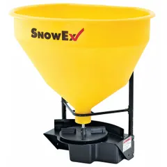 Broadcast spreader designed for mounting on tractors, trucks, or UTVs. Constructed with steel and poly, it is powered by the vehicle's battery via a receiver mount. Used for distributing ice melt, salt, or sand on parking lots, driveways, and roads.