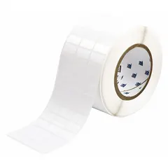 Precut label roll measuring 3 11/32 inches by 1/2 inch, made of polyester with a permanent adhesive. Designed for use with the BBP81 printer series. Suitable for labeling equipment, panels, and components in industrial environments.