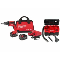 This combination kit includes an M18 FUEL™ screw gun and an M18 FUEL™ vacuum, both powered by an 18 V DC battery. The screw gun is suited for high-speed fastening tasks such as drywall or deck screw installation, while the vacuum handles debris cleanup on job sites. Battery included.