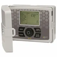 This wall-mounted controller and timer is designed for outdoor use, featuring an LCD display and a battery backup system. It measures 8 5/8 inches in height and is suitable for automating watering schedules in residential and light commercial irrigation systems