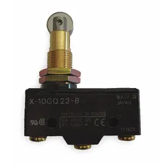 Roller-plunger snap-action switch from the OMRON X series. Features a 1NO/1NC contact configuration with screw terminals. Rated for 2 A at 250 V AC. Suitable for position sensing and limit control in industrial automation equipment.