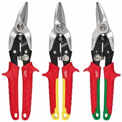 This aviation snip set includes left, right, and straight snips for cutting thin metal, aluminum, and sheet metal in various directions. Each snip has a 10-inch overall length and 1.5-inch cutting length, with TPR handles for grip. Forged steel construction provides cutting capability in HVAC, sheet metal, and fabrication applications.