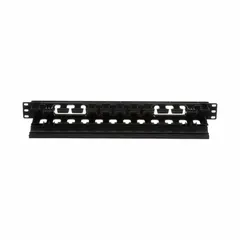 The PANDUIT WMPLFSE is a 1U horizontal finger-style cable manager made of plastic in black. It features dual-hinging covers and is designed for single-sided cable routing. With an overall depth of 2 3/4 inches, it organizes and routes horizontal cables in network racks, reducing strain and improving airflow.