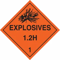 DOT placard for identifying Class 1 explosives during transport. Measures 10 3/4 in x 10 3/4 in with message 'Explosives 1.2 H 1'. Used on shipping containers and vehicles to meet hazardous material labeling requirements.