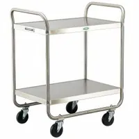 This open stainless steel cart features two shelves and four swivel casters for maneuverability. NSF certified, it is suited for transporting supplies in commercial kitchens, hospitals, and industrial settings