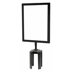 This sign frame is designed for mounting on top of a retractable stanchion post. It is constructed from a metal alloy with a black finish and includes two sheets of acrylic. The frame has a 7-inch overall width. Typical applications include queue management, crowd control, and wayfinding in public venues.