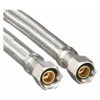 This faucet connector has a 5/16 in hose inside diameter and 12 in hose length, rated for 250 psi. The hose tube is made of PVC with a stainless steel cover, and it is NSF certified. It is used to supply water from a faucet to a hose or appliance in commercial and industrial settings