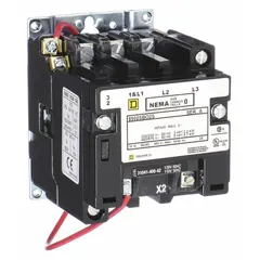 Non-reversing NEMA magnetic contactor with 3 poles, NEMA Size 0, rated 18 A, and 120V AC coil. Suitable for switching motor loads and other inductive loads in industrial control panels, HVAC systems, and conveyor lines.