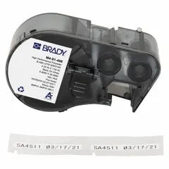 Precut label roll cartridge made of Cryogenic Autoclavable Polyester, sized at 1/4 in x 1 29/32 in. Integrates label and ribbon in a single unit for streamlined operation. Compatible with M410 printer series. Used for labeling in environments requiring resistance to extreme temperatures and autoclaving.