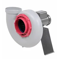 Corrosion-resistant direct-drive blower with 10-inch wheel diameter. Includes drive pack, 4 hp, 230/460V AC, 3-phase totally enclosed motor. Rotation is counterclockwise (CCW). Suitable for industrial air movement in environments with fumes, dust, or corrosive gases.