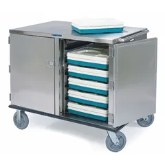 This LAKESIDE meal delivery cart is constructed of stainless steel with a silver finish and features a non-pass-through design with one door. It holds up to 20 trays and has an overall height of 61 inches, with two rigid casters. NSF certified, it is suitable for transporting prepared meals in institutional foodservice settings such as hospitals, schools, and catering operations.