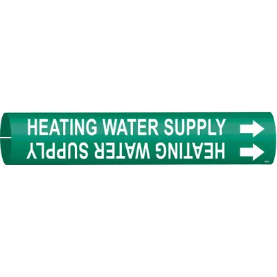 BRADY Pipe Marker: Heating Water Supply, Green, White, Fits 2 1/2 to 3 7/8 in Pipe O.D. - Heating Water Supply Snap-On Pipe Markers