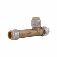 This standard brass push-to-connect tee fitting allows tool-free branch connections in industrial piping systems. It joins one 7/8 in OD tube and two 3/4 in OD tubes with a 3/4 in pipe thread. Suitable for plumbing, HVAC, and process line applications requiring quick assembly