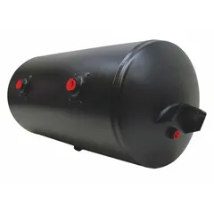 Horizontal air tank for vehicle pneumatic systems. 12.34 gallon capacity, 125 psi maximum operating pressure. Overall length 27 inches. Meets SAE J10 standards. Suitable for storing compressed air for brake systems, air suspension, and auxiliary air accessories on trucks, trailers, and buses.
