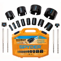This 18-piece hole saw kit from SPYDER features carbide-tipped teeth with 18/20 TPI for cutting through wood, metal, plastic, and drywall. Maximum cutting depth is 2-3/8 inches. Suitable for general construction and installation tasks requiring clean holes in various materials.