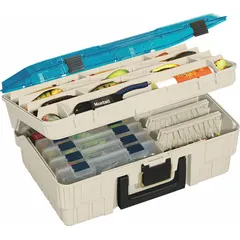Plastic compartmented-box system in beige/blue for organizing small components. Includes 20 adjustable dividers to customize compartment sizes. Not electrostatic discharge conductive. Suitable for workshops, garages, and industrial facilities.