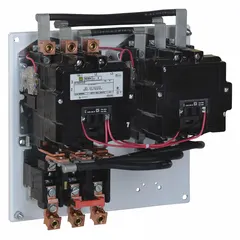 NEMA Size 4 reversing starter for three-phase motors, rated 135 A with 120V AC coil. Three poles, screw clamp terminals. Requires three melting alloy thermal units (not included) for overload protection. Used to control forward and reverse rotation in industrial applications such as conveyors and machine tools.