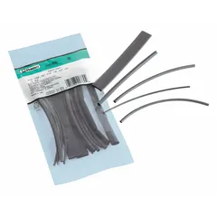This heat shrink tubing kit includes eight pieces of black polyolefin tubing with a 2:1 shrink ratio. It contains two pieces each of 3/8 in, 1/2 in, 3/4 in, and 1 in inner diameters before shrinking, all 6 inches long. Suitable for insulating, protecting, and bundling wires from 0.25 in to 1.00 in in electrical applications.