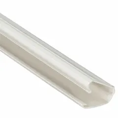 PVC raceway with latching cover and adhesive backing for surface mounting. Used to route and protect low-voltage cabling in commercial and industrial environments. Dimensions: 1 in width, 5/8 in height, 96 in length. Color: Off White.