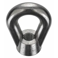 Steel eye nut with black oxide finish and oval shape. Inside diameter 1 3/4 in, outside diameter 3 3/4 in. Used for attaching hooks, shackles, or cables to threaded studs or bolts in lifting and rigging applications.