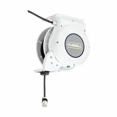 Motorized self-retracting cord reel with ratchet lock for managing and storing a 45 ft, 12 AWG SJO extension cord. Feeder cord ends in NEMA 5-20P plug; retractable cord ends in NEMA 5-20R connector. Suitable for industrial and commercial environments requiring a tangle-free power supply for tools and equipment.