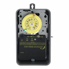 The INTERMATIC T101R is a 24-hour electromechanical timer switch with SPST switching, rated for 120V AC. It features a metal body and is designed for indoor surface-mount installations. Typical applications include automatic on/off control of lighting, fans, pumps, and heaters in residential or light commercial settings.
