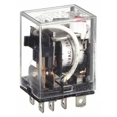 Plug-in relay from the LY Series with a square base and 8 flat pins. Features a 24V AC coil, SPDT contact configuration, and quick-connect terminals. Rated 15 A, with operating current of 10 A at 110V AC (inductive load). Suitable for general-purpose switching in control panels, automation systems, and HVAC equipment.