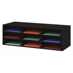 Steel literature sorter with 9 compartments and included label holders. Overall depth of 11-3/4 inches. Suitable for organizing mail, documents, and literature in office or mailroom settings.