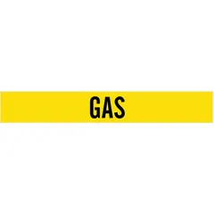 Yellow fiberglass pipe marker with black 'Gas' legend, designed for pipe outer diameters from 2-1/2 to 7-7/8 inches. Supplied without arrows, this marker is mounted on a carrier with strapping for secure attachment. Used for identifying gas lines in industrial piping systems.