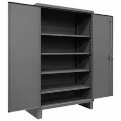 Welded steel cabinet with gray powder-coated finish, measuring 36 x 20 x 78 inches. Includes four adjustable shelves and a swing handle with padlock hasp for security. Panel thickness is 12 ga. Stationary legs for floor placement. Suitable for storage of tools, parts, and equipment in industrial environments.