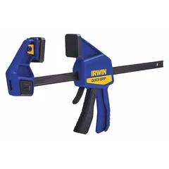 This dual-function tool serves as both a clamp and a spreader, with a maximum jaw opening of 12 inches and a throat depth of 3-1/4 inches. Its one-handed trigger mechanism allows for quick adjustments within a 7-7/8 to 19-3/8 inch range. Commonly used in woodworking and assembly tasks for holding or positioning workpieces.
