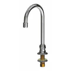 This gooseneck spout is constructed of brass with a polished chrome finish. It features a swivel spout style and includes mounting hardware. The flow rate is 2.2 gpm. Typical applications include commercial kitchens, laboratories, and industrial wash stations.