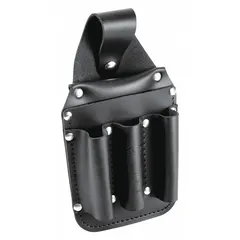 Black leather tool pouch with six pockets and an open-top closure. Attaches to belts up to 2 inches wide via a belt-slot attachment. Designed for carrying scissors and other hand tools, suitable for use by tradespeople requiring quick tool access while working at height or on ladders.